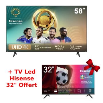 TV HISENSE 58″ Smart Série A6N 4K UHD - Noir + TV Hisense 32" HD Offert